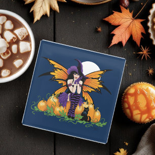 Dessous-de-verre En Verre Joli citrouille de fée d'Halloween avec chat noir