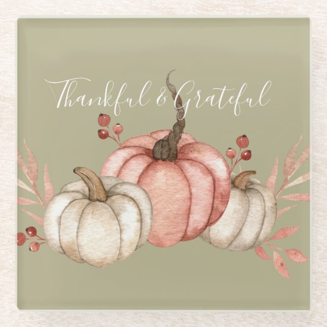 Dessous-de-verre En Verre Joli Citrouilles d'aquarelle sur Sage (Devant)