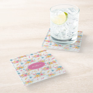 Dessous-de-verre En Verre Joli motif floral rose Monogrammed KItchen