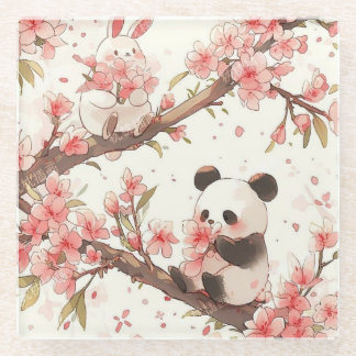 Dessous-de-verre En Verre Joli Panda & Lapin Coaster Fleur de Cerisier | Kaw