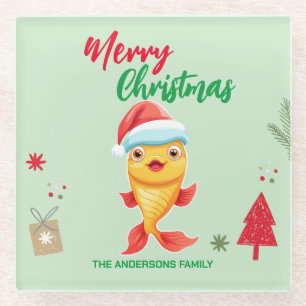 Dessous-de-verre En Verre Joli poisson de Noël en or Père Noël Scarf vacance