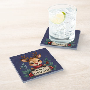 Dessous-de-verre En Verre Joli Renne de Noël avec Houx et Panneau