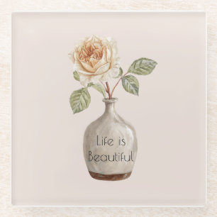 Dessous-de-verre En Verre Jolie Fleur de Rose Pêche dans un Vase