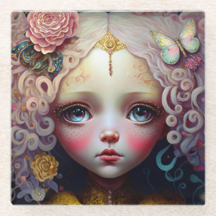 Dessous-de-verre En Verre Jolie poupée fille cheveux roses