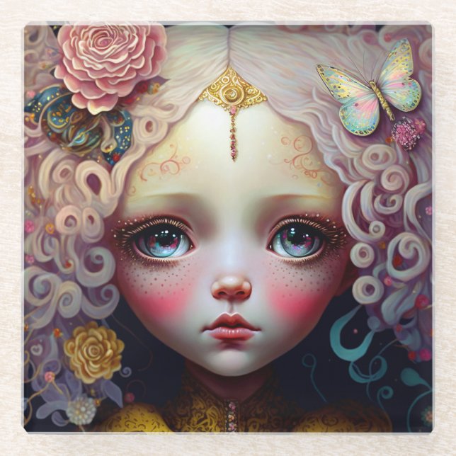 Dessous-de-verre En Verre Jolie poupée fille cheveux roses (Devant)