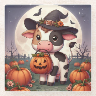 Dessous-de-verre En Verre Jolie vache sorcière d'Halloween