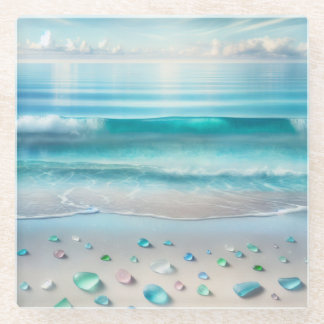 Dessous-de-verre En Verre Jolie vague bleu océan et verre de mer