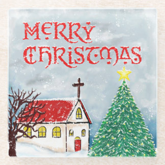 Dessous-de-verre En Verre Joyeuse église de Noël et arbre de Noël en neige