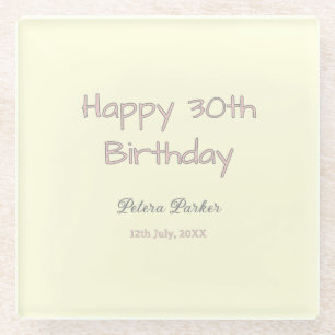 Dessous-de-verre En Verre joyeux 30e anniversaire rose jaune gris pastel nom
