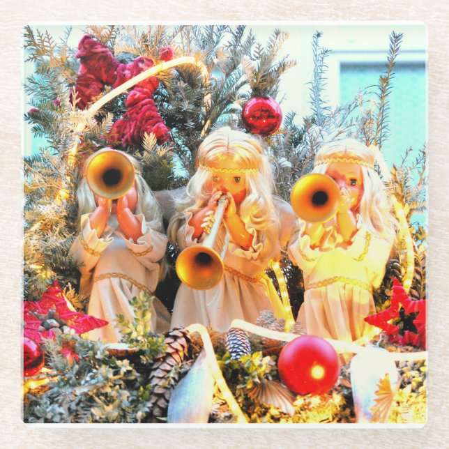 Dessous-de-verre En Verre joyeux anges de noël trompant (Devant)