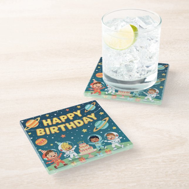 Dessous-de-verre En Verre Joyeux anniversaire thème spatial (Incliné)
