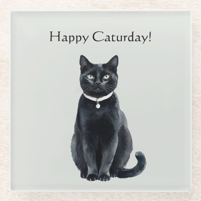 Dessous-de-verre En Verre Joyeux Caturday Chat Noir (Devant)