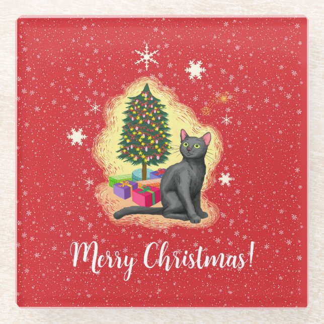 Dessous-de-verre En Verre Joyeux chat de Noël (Devant)