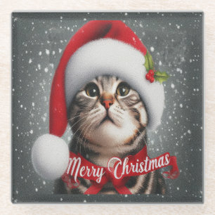 Dessous-de-verre En Verre Joyeux Noël American shorthair Cat, Père Noël Cat