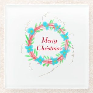 Dessous-de-verre En Verre Joyeux Noël guirlande bleu rouge aquarelle férié