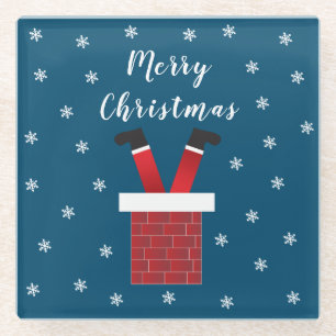 Dessous-de-verre En Verre Joyeux Noël Père Noël Coincé Dans Une Cheminée