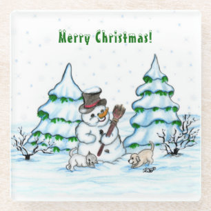 Dessous-de-verre En Verre Joyeux Noël ! Snowman avec chat et chiot
