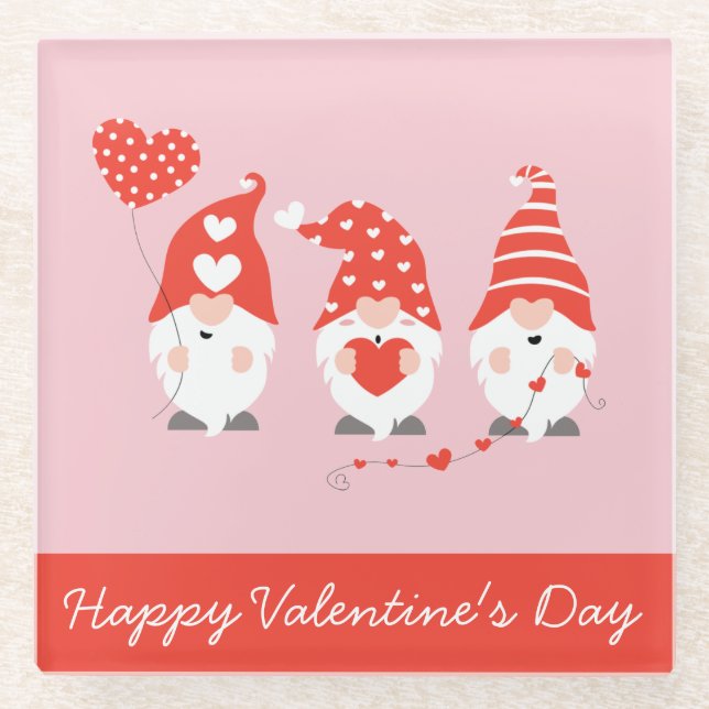 Dessous-de-verre En Verre Joyeux Valentin Gnomes Rouge Rose (Devant)