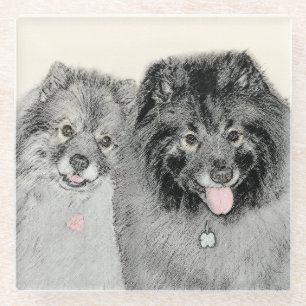 Dessous-de-verre En Verre Keeshond Maman et Son Peinture - Art Chien origina