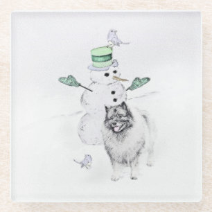 Dessous-de-verre En Verre Keeshond Noël Snowman Peinture Chien Art