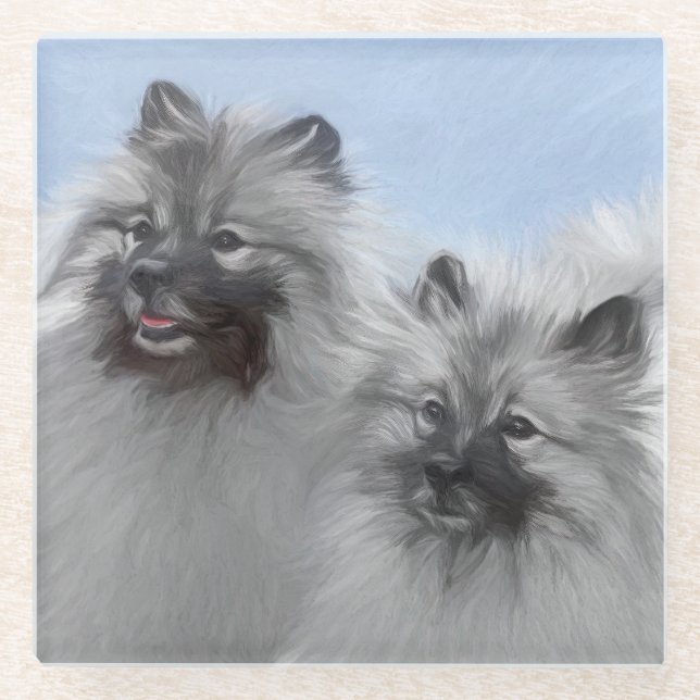 Dessous-de-verre En Verre Keeshond Paire de Kees Peinture Art animal origina (Devant)