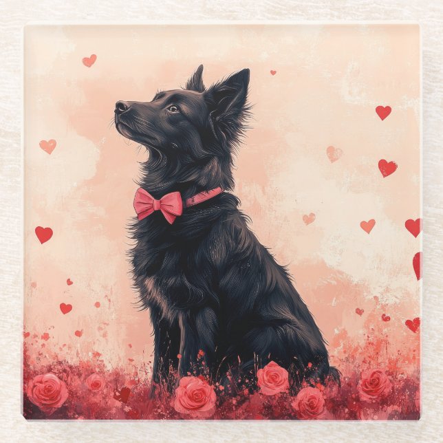 Dessous-de-verre En Verre Kelpie australienne avec Roses - Saint Valentin (Devant)