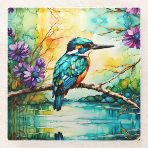 Dessous-de-verre En Verre Kingfisher perché au-dessus des Fleurs sauvages d'