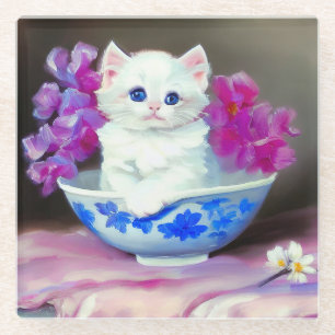 Dessous-de-verre En Verre Kitten blanc vintage aux fleurs roses