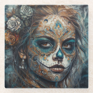 Dessous-de-verre En Verre La Catrina Azul Dia de los Muertos Crâne de Sucre