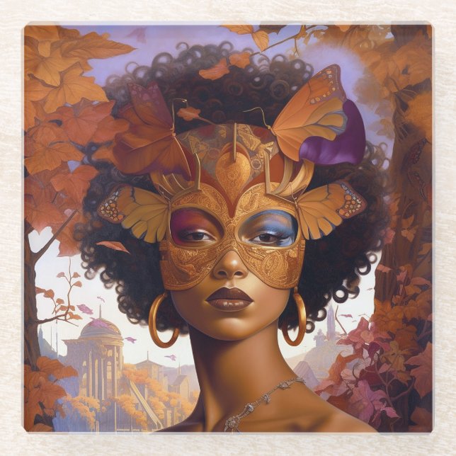 Dessous-de-verre En Verre Lady Portant un Masque Art Imaginaire noir (Devant)