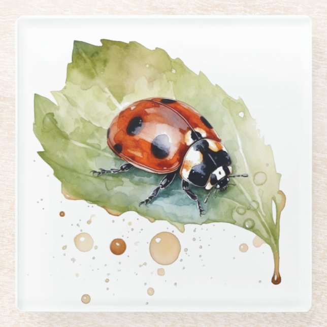 Dessous-de-verre En Verre Ladybug assis sur une feuille d'aquarelle vibrante (Devant)