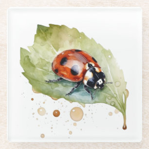 Dessous-de-verre En Verre Ladybug assis sur une feuille de couleur d'eau viv