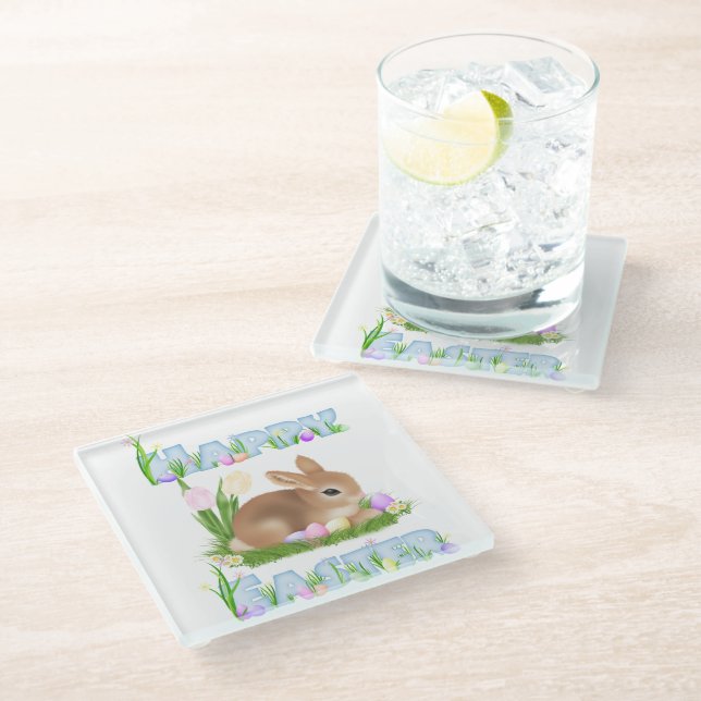 Dessous-de-verre En Verre Lapin de Pâques (Bleu) (Incliné)