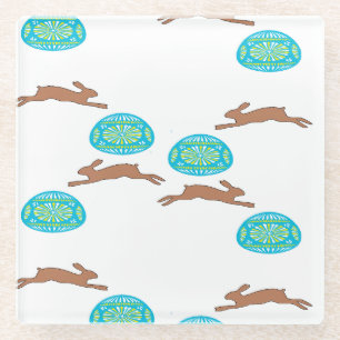 Dessous-de-verre En Verre lapin de pâques et oeufs sur blanc