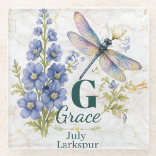 Dessous-de-verre En Verre Larkspur Fleur de Naissance de Juillet Dragonfly P