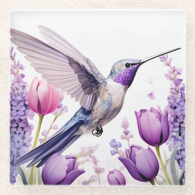 Dessous-de-verre En Verre Lavender Hummingbird surrounded by flowers (Devant)