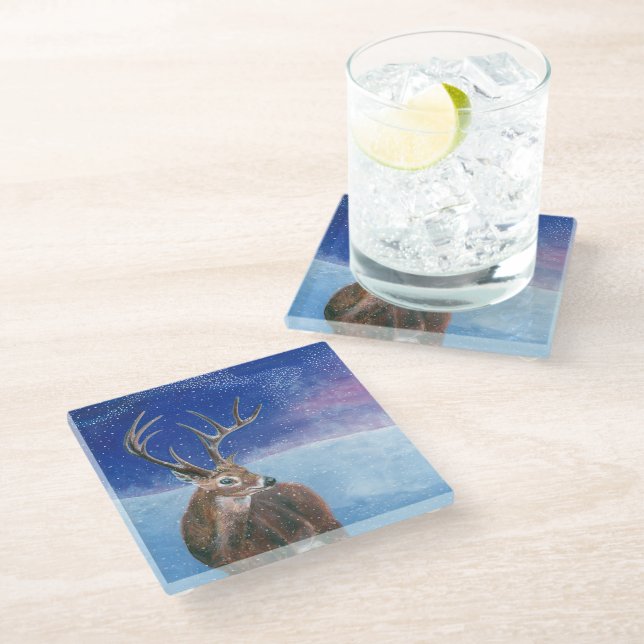 Dessous-de-verre En Verre Le Cerf rouge Cervus elaphus et paysage hivernal (Incliné)