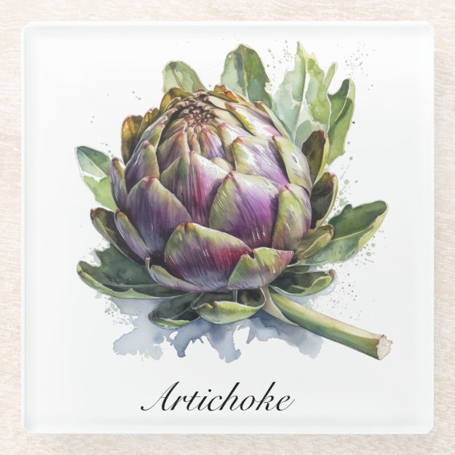 Dessous-de-verre En Verre Le Coeur du Jardin : Artichoke en Aquarelle (Devant)