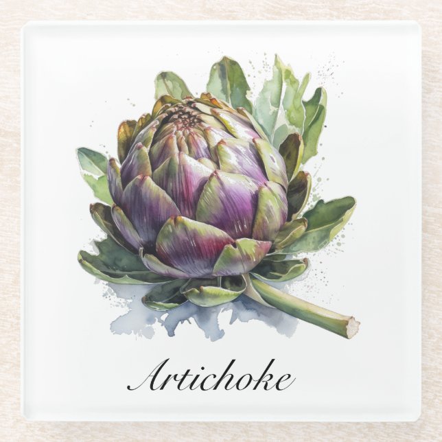 Dessous-de-verre En Verre Le Coeur du Jardin : Artichoke en Aquarelle (Devant)