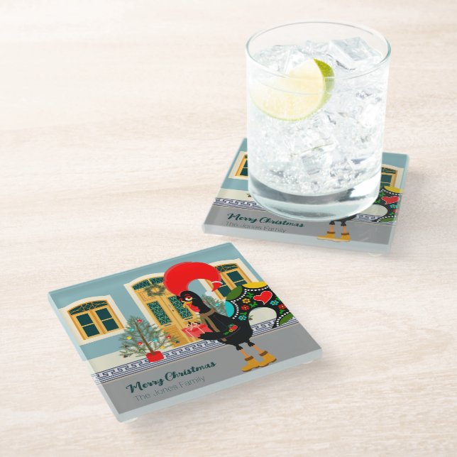 Dessous-de-verre En Verre Le coq portugais avec un cadeau de Noël (Incliné)
