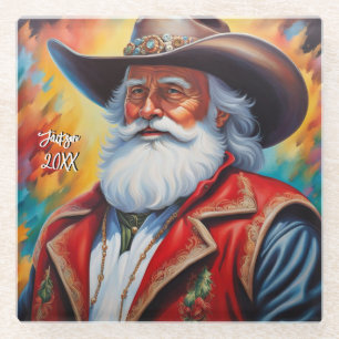 Dessous-de-verre En Verre Le Père Noël dans un Cowboy Noël Casquette