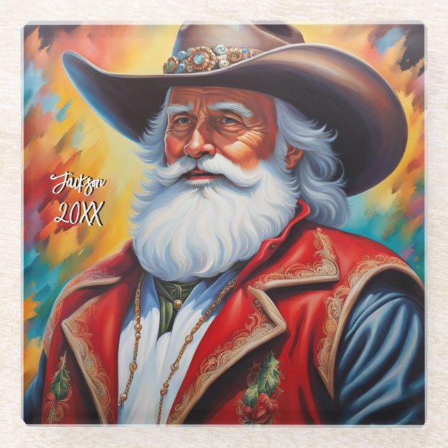 Dessous-de-verre En Verre Le Père Noël dans un Cowboy Noël Casquette (Devant)