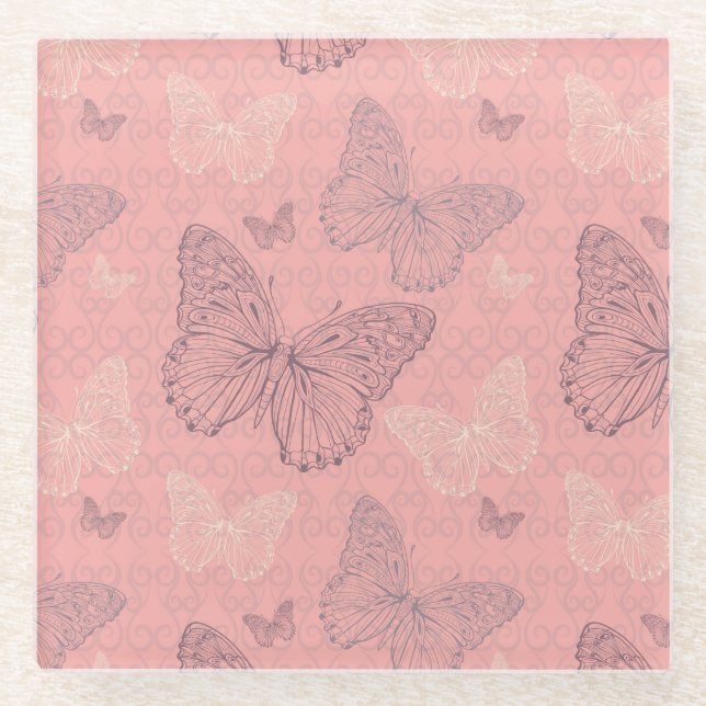 Dessous-de-verre En Verre Le rose de papillon (Devant)