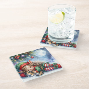 Dessous-de-verre En Verre L'elfe de Noël endormi avec un chaton calicot