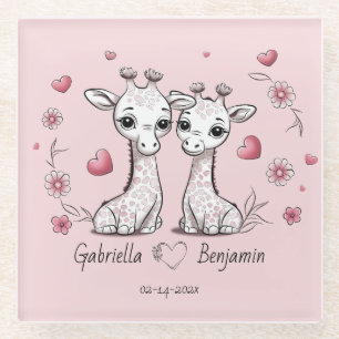 Dessous-de-verre En Verre Les amateurs de Giraffe de Cartoon mignonne Coeurs