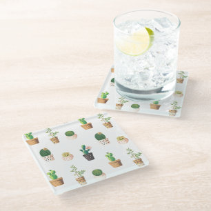 Dessous-de-verre En Verre Les cactus succulents du désert vert dans les pots