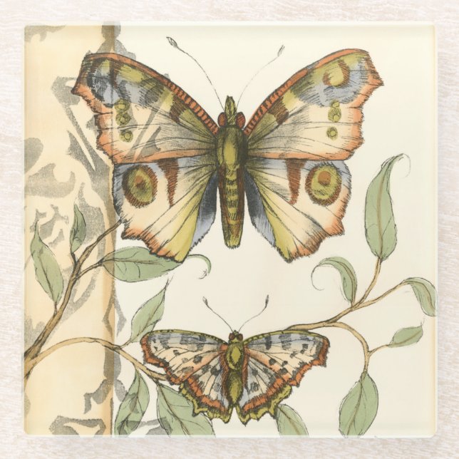 Dessous-de-verre En Verre Les papillons Tandem sur les Feuilles verts (Devant)