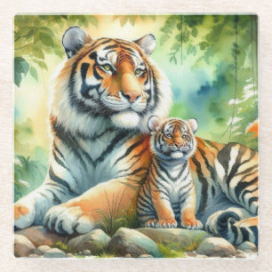 Dessous-de-verre En Verre Les tigres dans une peinture luxuriante au paradis