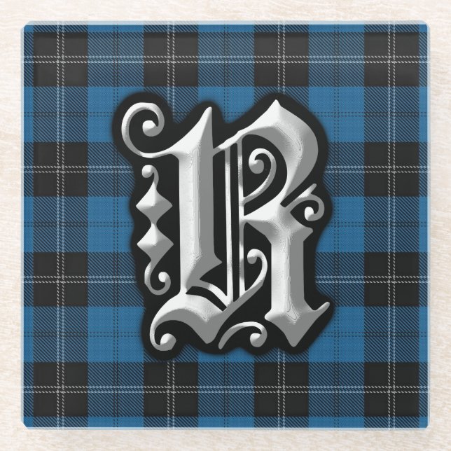 Dessous-de-verre En Verre Lettre Clan Ramsay Ramsey R Monogram Blue Tartan (Devant)