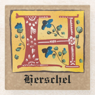 Dessous-de-verre En Verre Lettre Florale médiévale illuminée H Monogramme